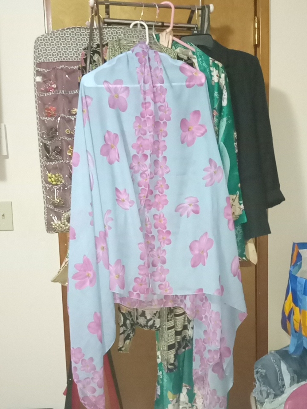 Light Blue Floral Scarf Shawl with Pink Flowers